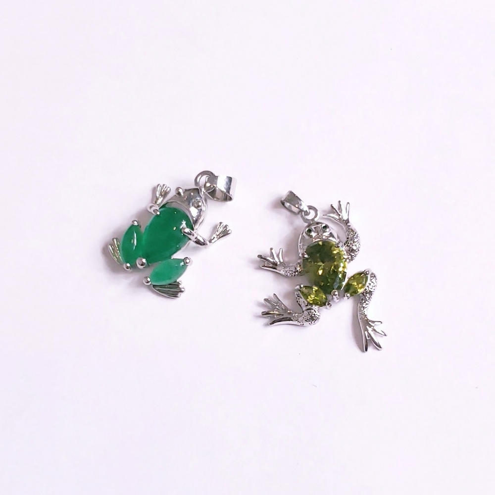 Two Green Silver Frog Pendants